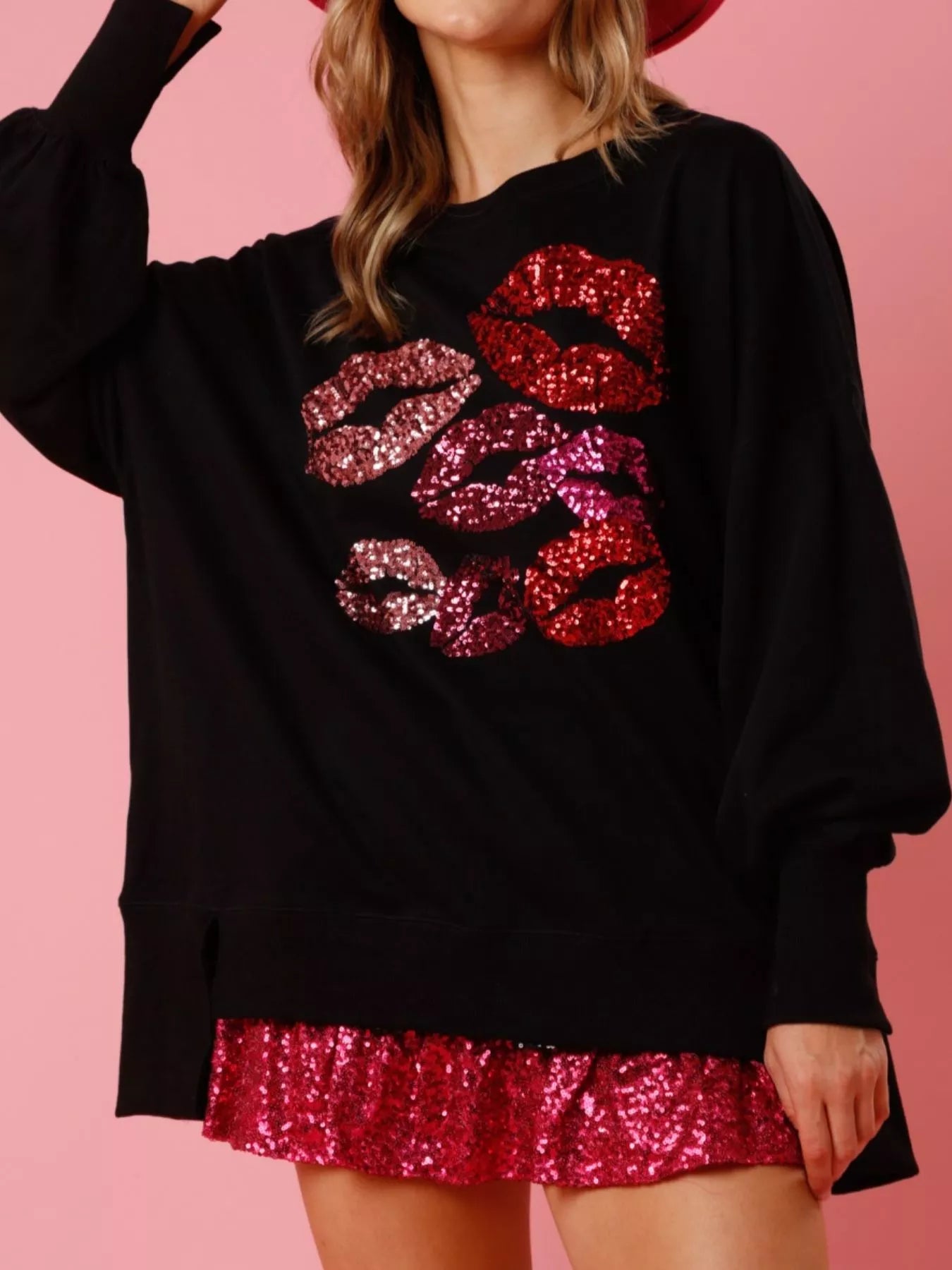 Lips Round Neck Dropped Shoulder Sweatshirt OutfitFlow