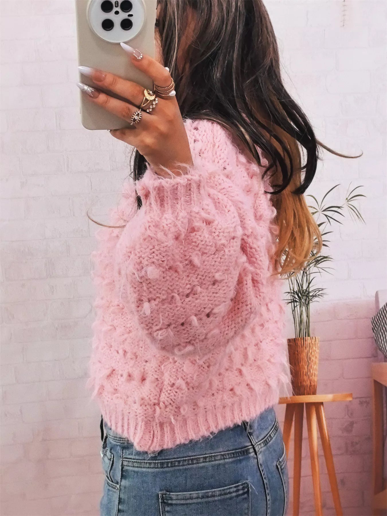 Chunky Round Neck Long Sleeve Sweater OutfitFlow