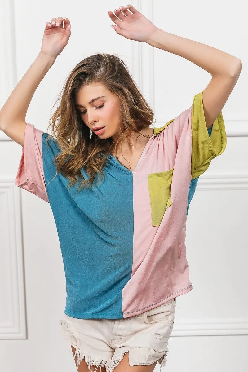 BiBi Slinky Knit Color Block V Neck Front Top OutfitFlow