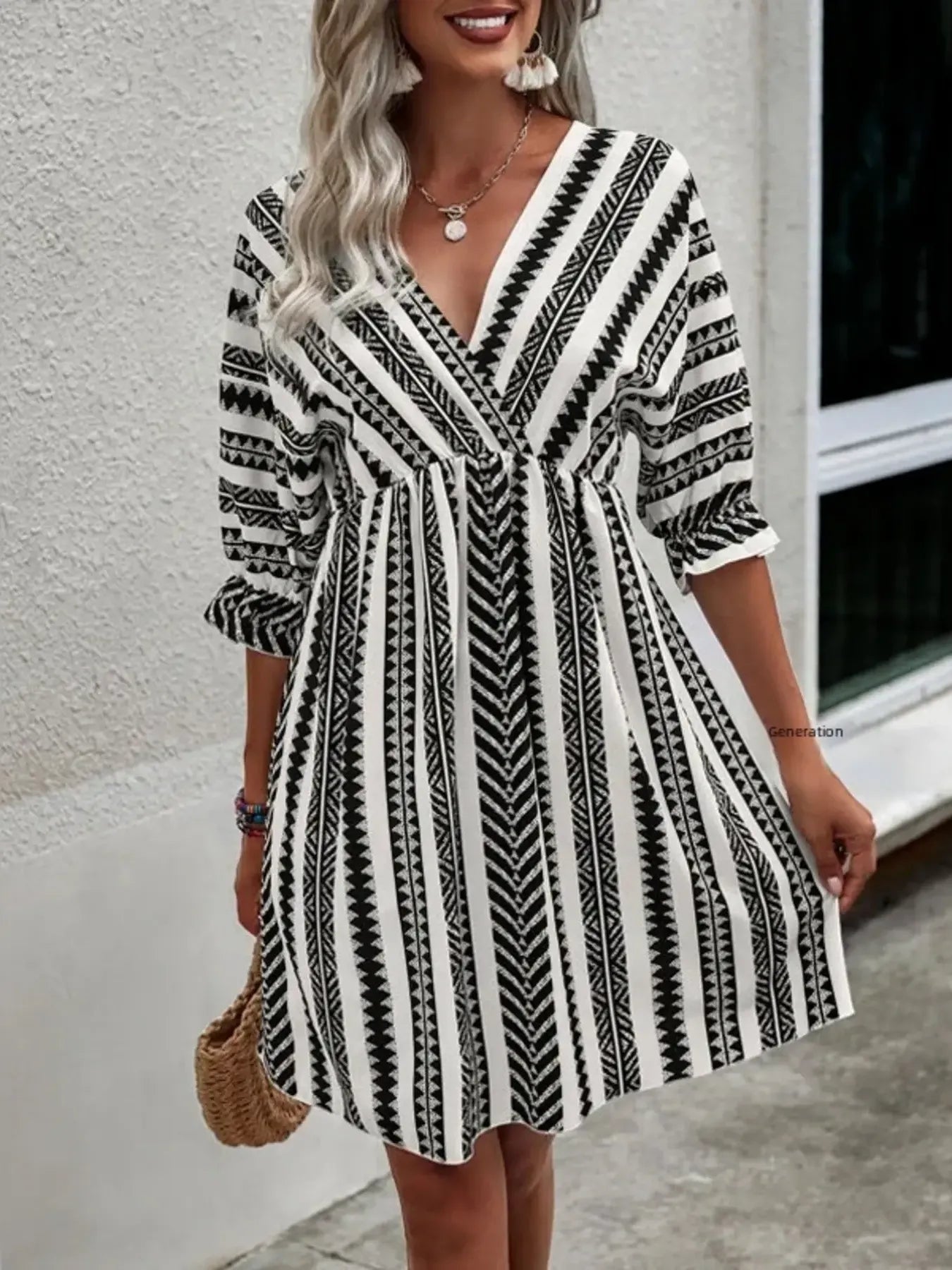 Geometric Print V-Neck Mini Dress Black OutfitFlow
