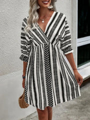Geometric Print V-Neck Mini Dress Black OutfitFlow