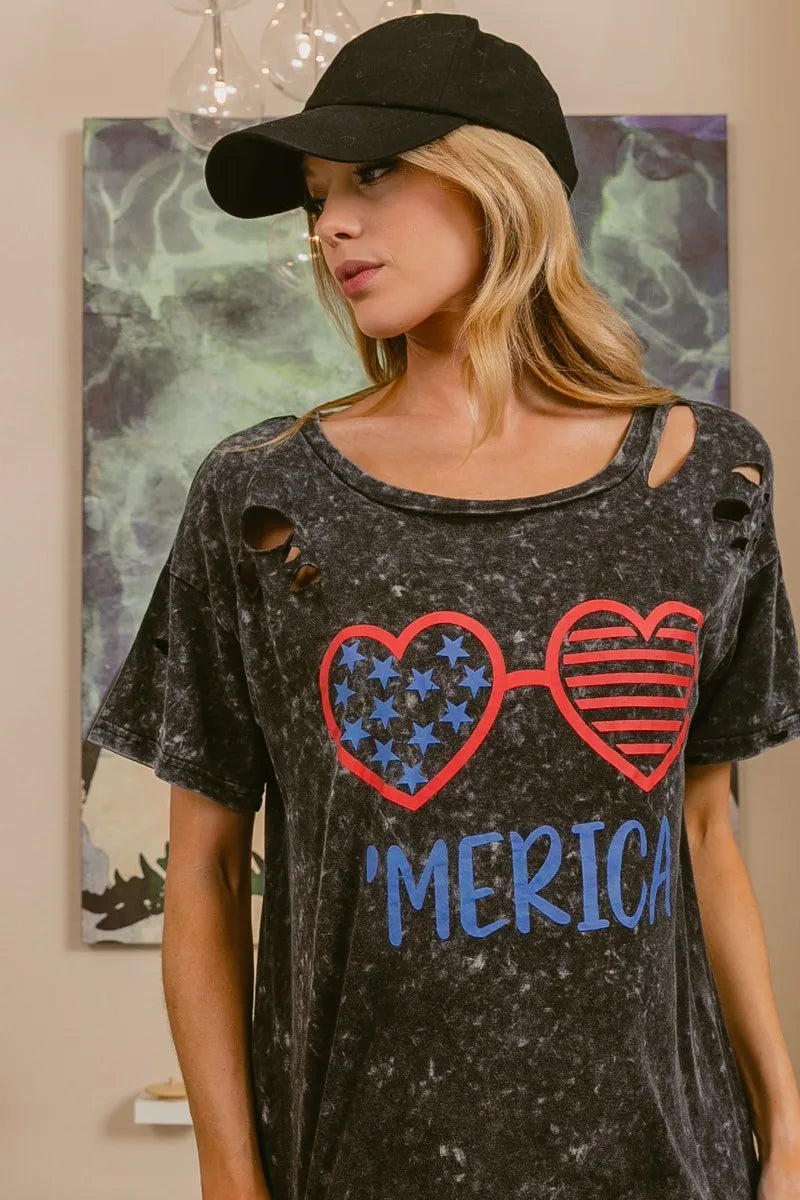 BiBi 4th Of July Theme Mineral Washed Laser Cut Top OutfitFlow