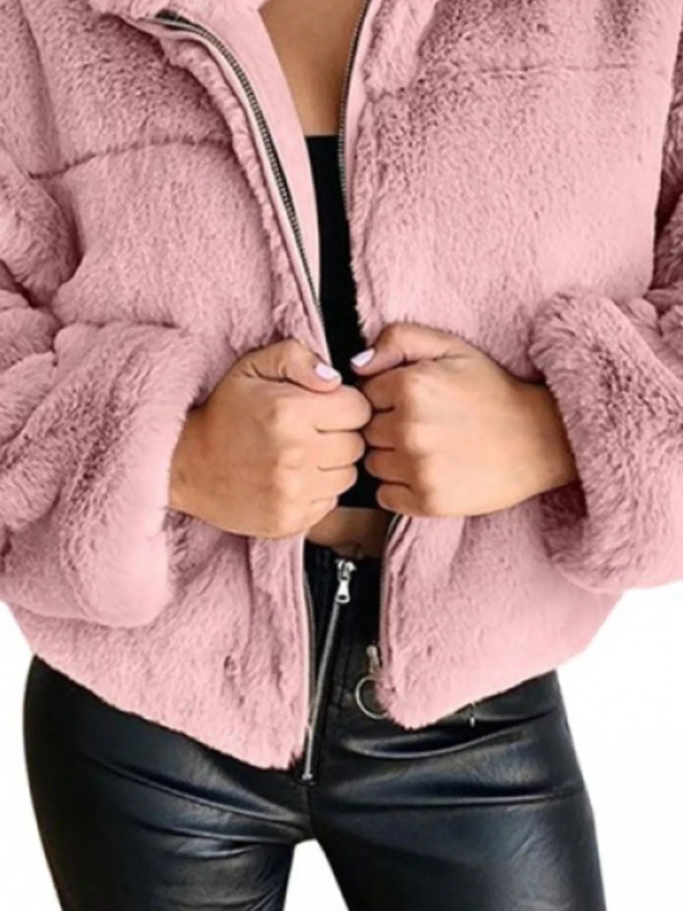 Full Size Faux Fur Cropped Zip-Up Jacket Plus Size Trendsi