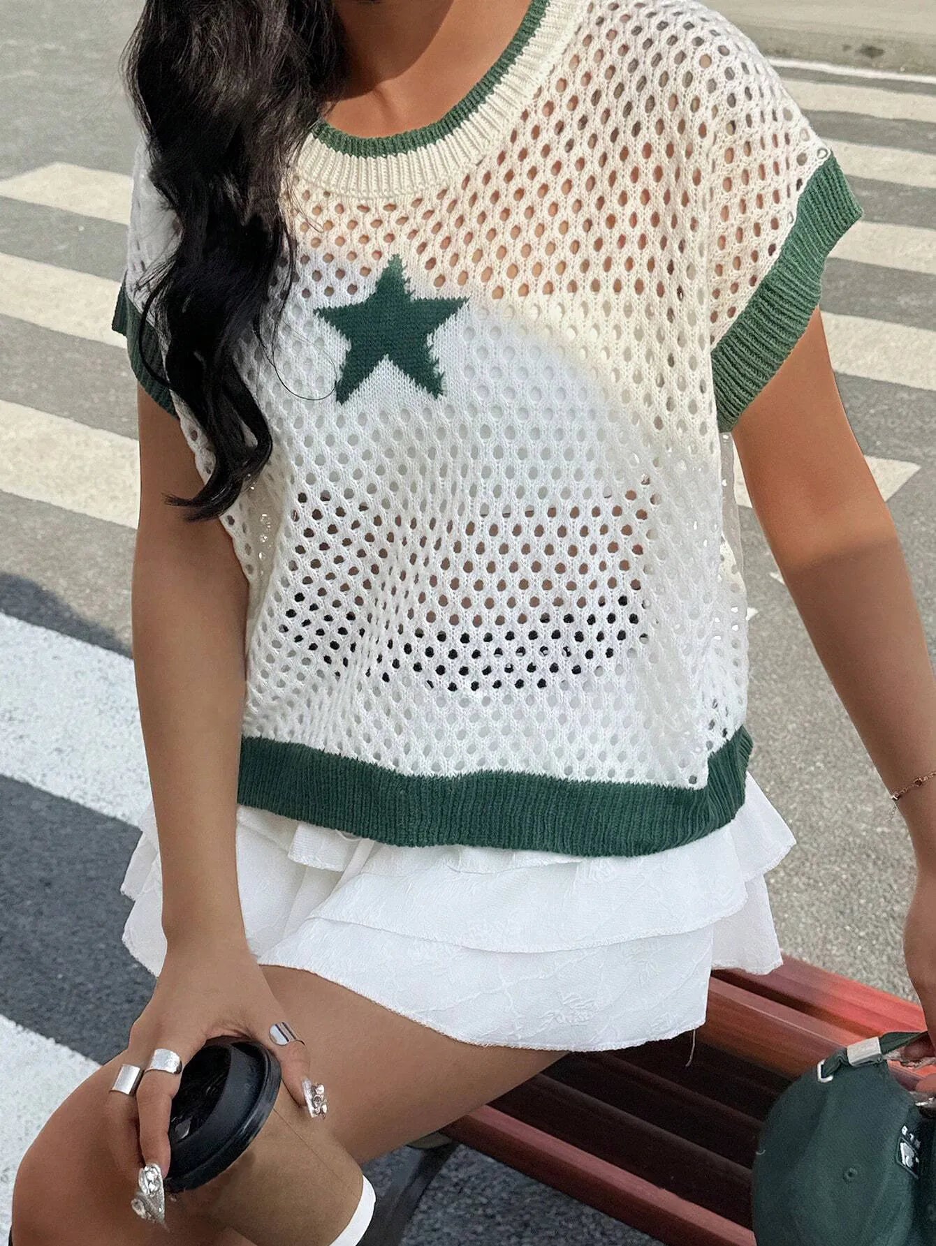 Star Pattern Mesh Knit Short Sleeve Knit Top OutfitFlow