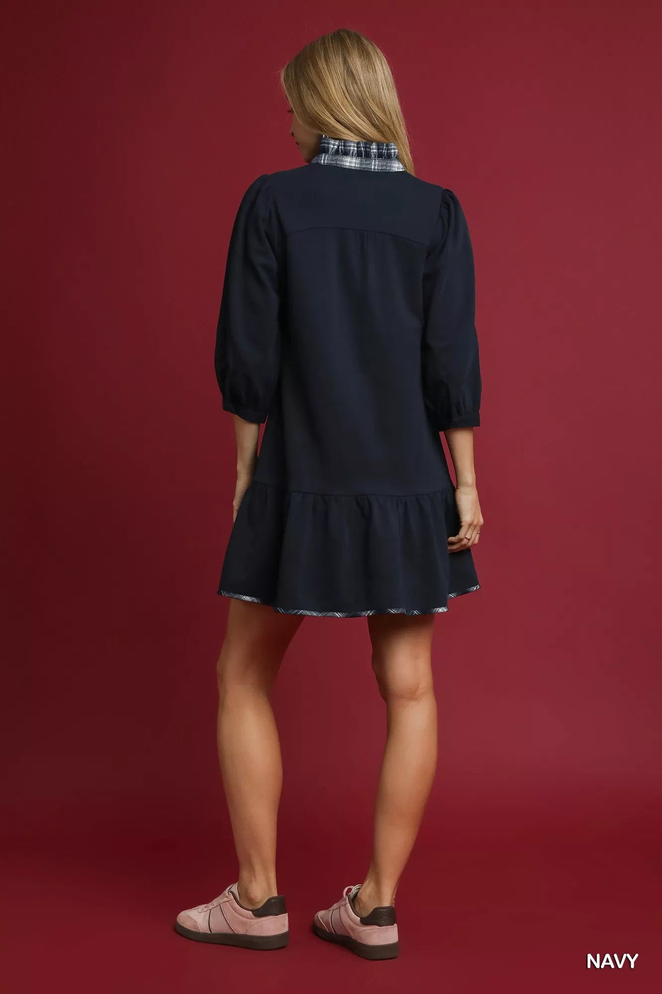 Umgee French Terry Ruffle Hem Dress with Plaid Trim OutfitFlow