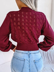 Outfit Flow - Openwork Mock Neck Long Sleeve Cropped Sweater