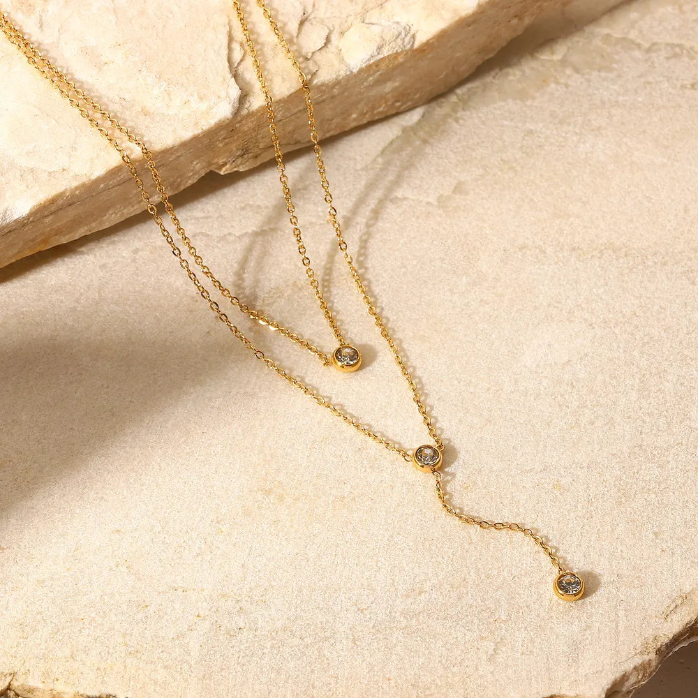 Stainless Steel Zircon Double-Layered Necklace OutfitFlow