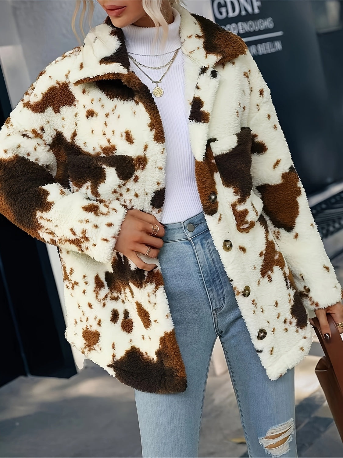 Outfit Flow - Cow Print Collared Neck Button Up Fuzzy Jacket