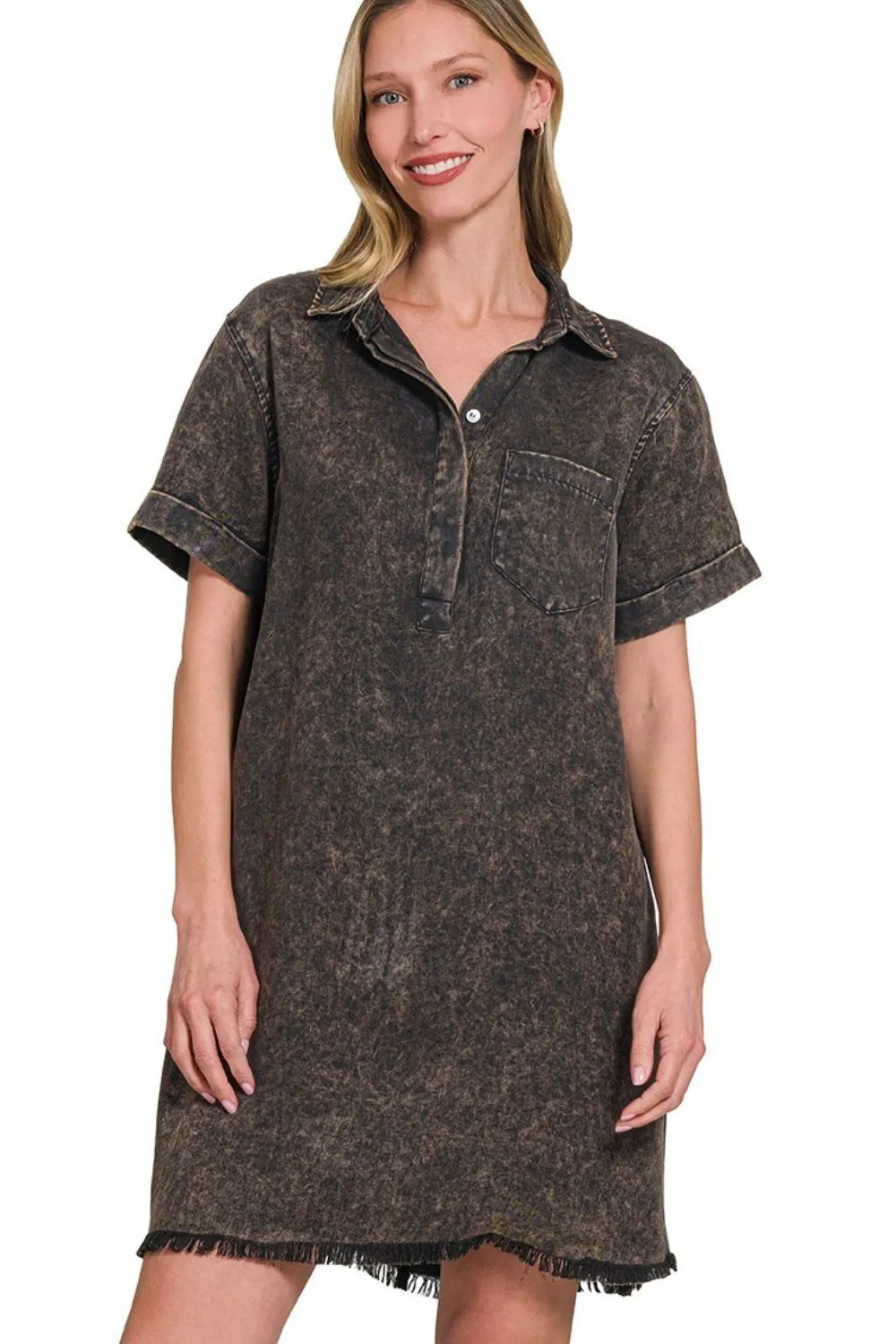 Zenana Tencel Mineral Washed Collared Shirts Dress OutfitFlow