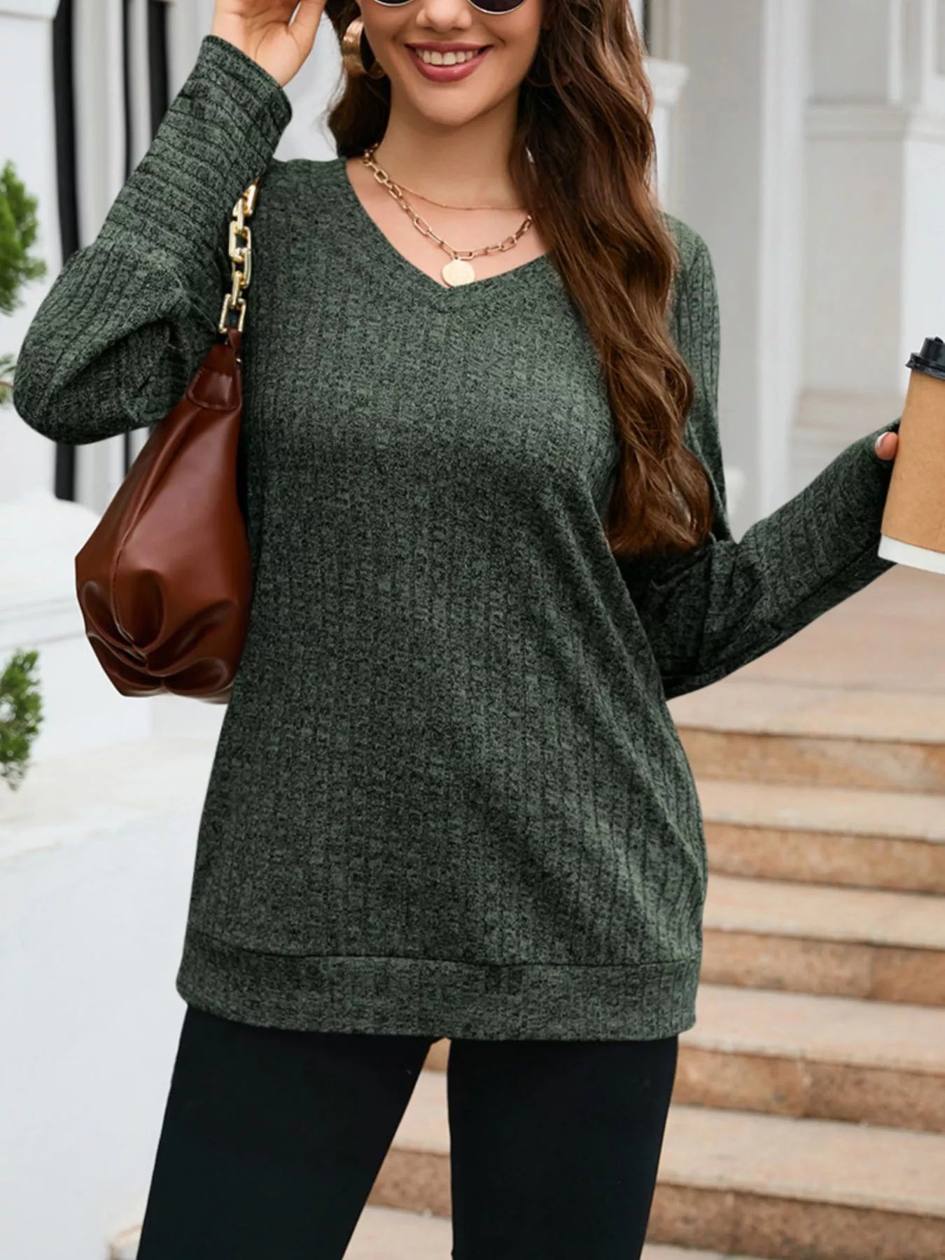 V-Neck Textured Knit Long Sleeve T-Shirt OutfitFlow