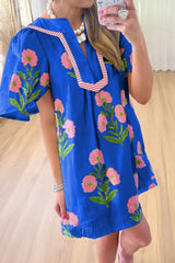 Floral Notched Summer Mini Dress with Striped Trim Royal Blue OutfitFlow