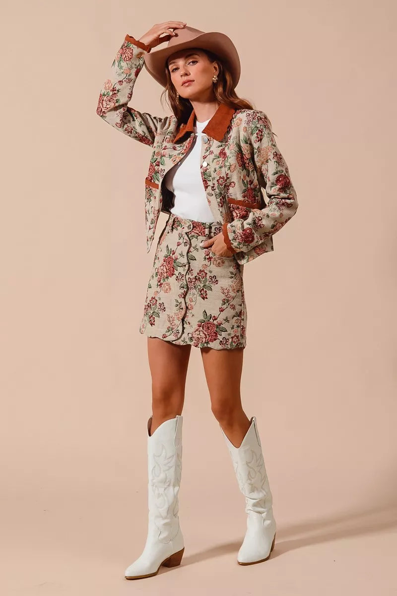 SO ME Floral Jacquard Button Front Mini Skirt with Scall Trendsi