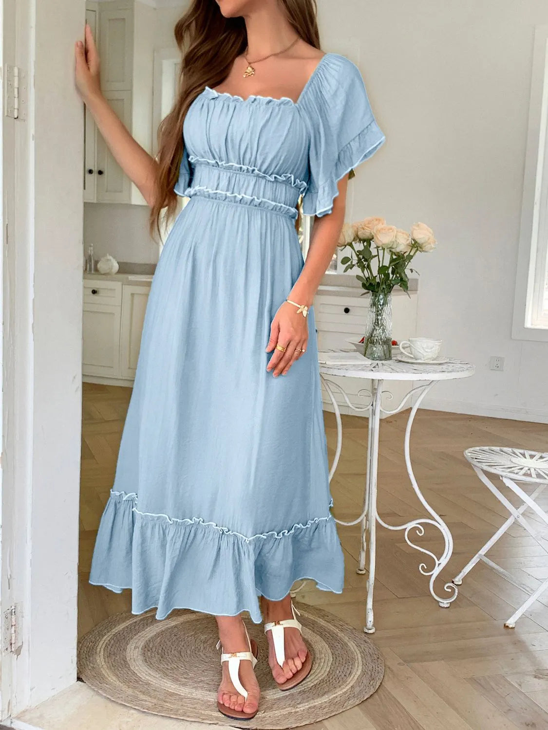 Square Neck Puff Sleeve Ruffle Trim Maxi Dress Blue OutfitFlow