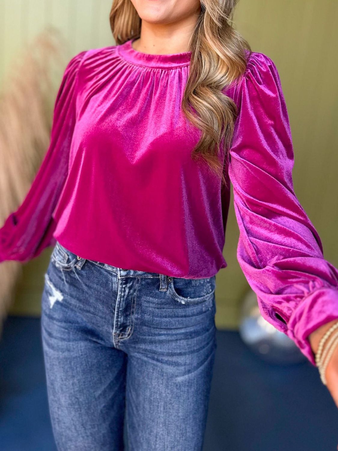 Outfit Flow - Ruched Round Neck Long Sleeve Blouse