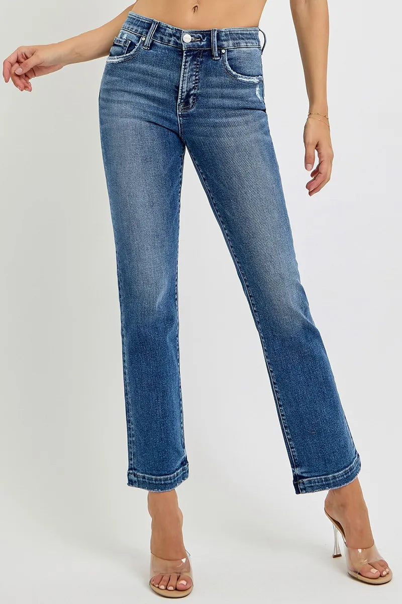 RISEN Full Size Tummy Control Elastic Band Mid Rise Straight Jeans Plus Size DARK OutfitFlow