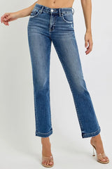 RISEN Full Size Tummy Control Elastic Band Mid Rise Straight Jeans Plus Size DARK OutfitFlow