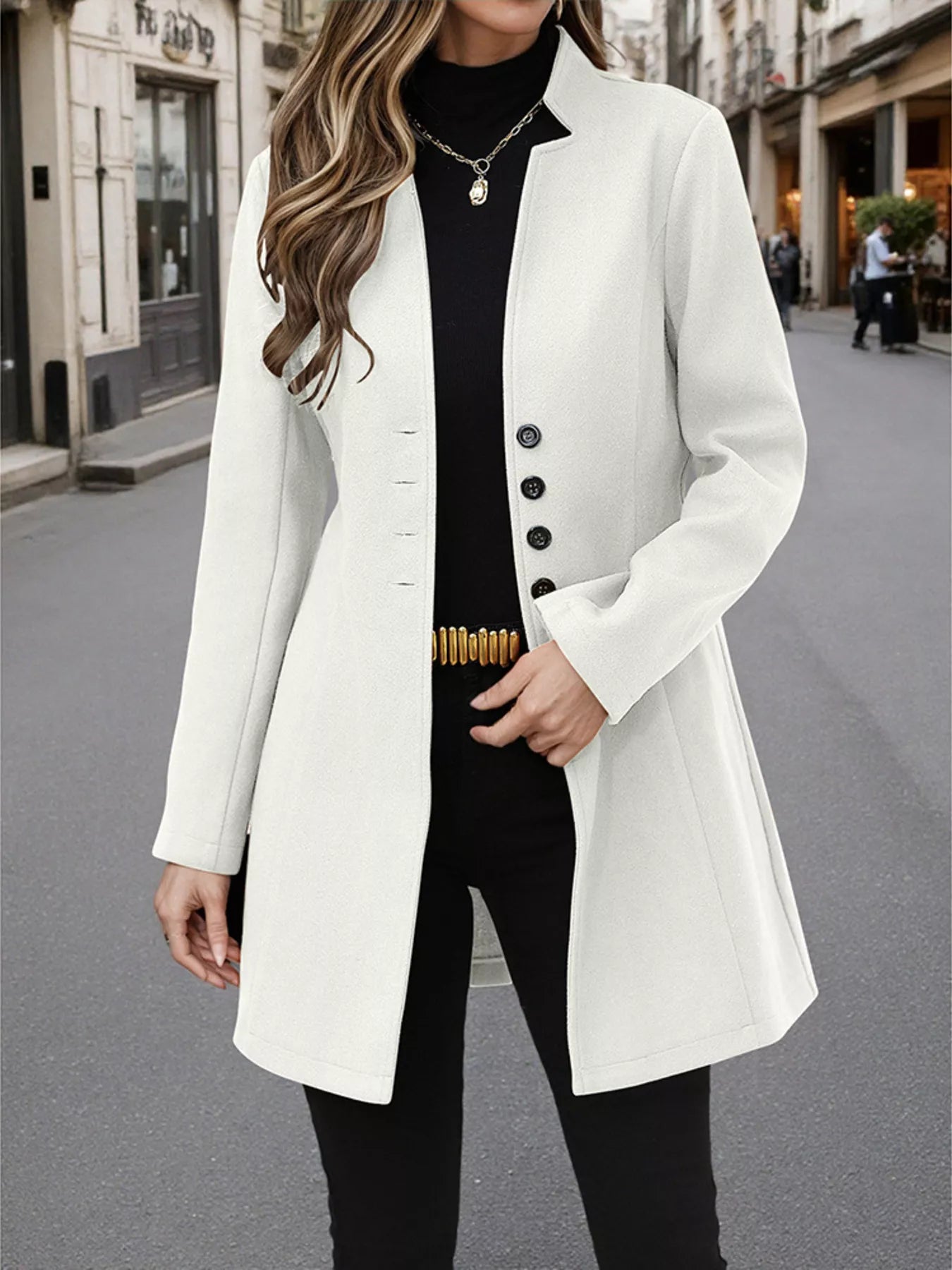 Button Up Long Sleeve Coat Ivory Trendsi