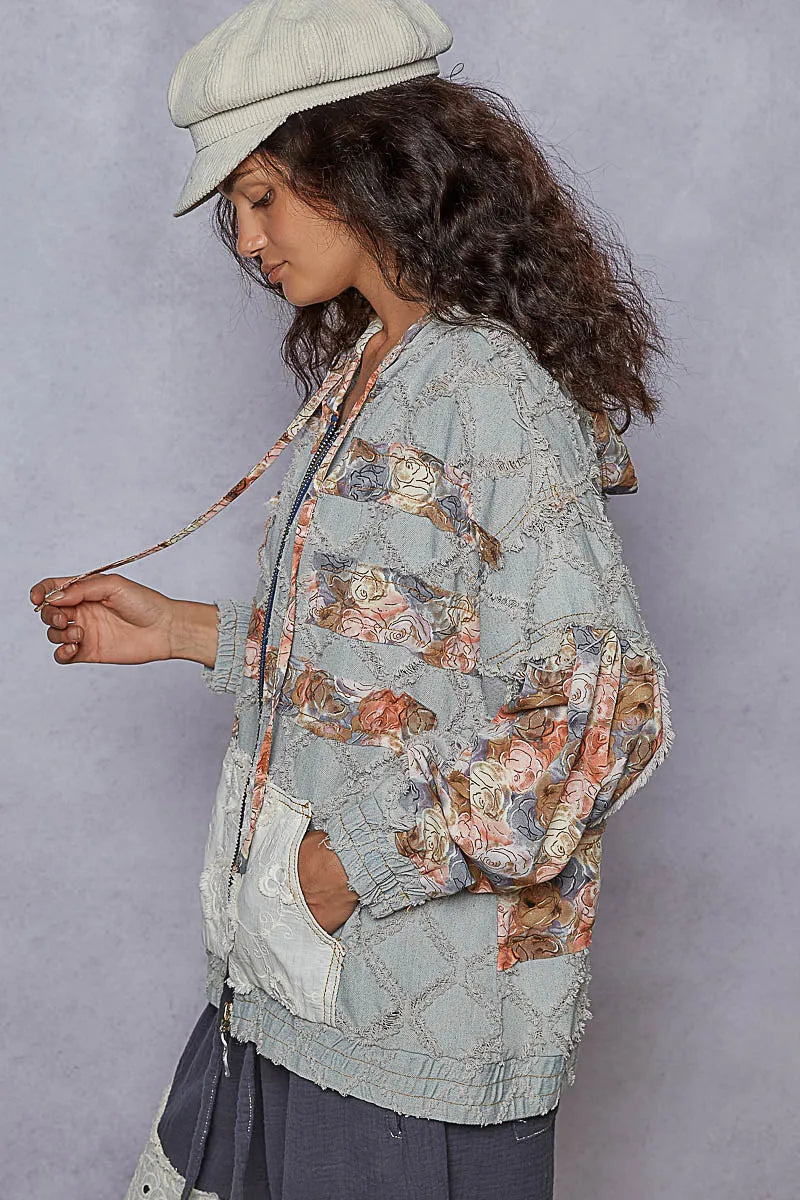 POL Zip Up Floral and Lace Patch Washed Denim Jacket OutfitFlow