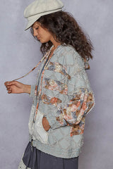 POL Zip Up Floral and Lace Patch Washed Denim Jacket OutfitFlow