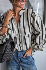 Outfit Flow - Striped Notched Three-Quarter Sleeve Blouse