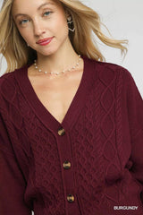 Umgee Chunky Cable Knit V-Neck Button-Up Cardigan Trendsi