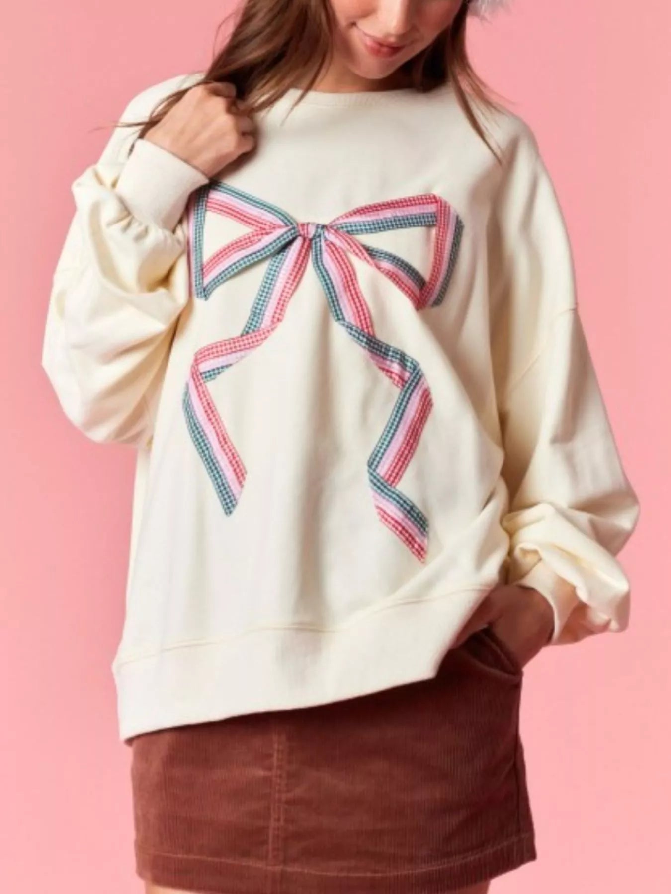 Bow Crew Neck Sweatshirt OutfitFlow