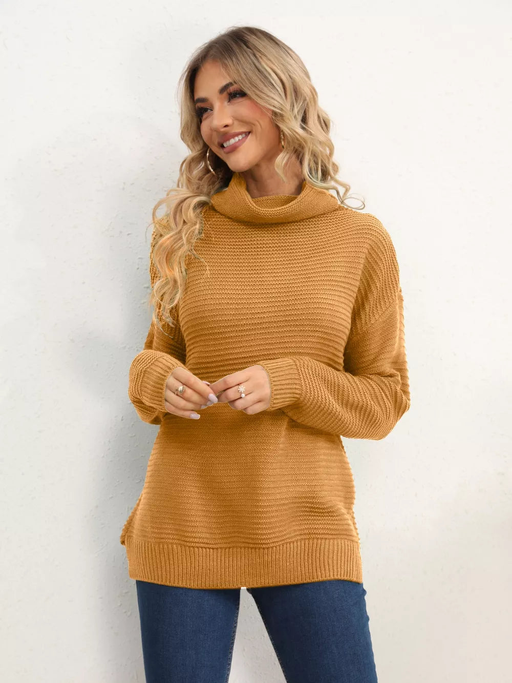 Slit Turtleneck Dropped Shoulder Sweater Trendsi
