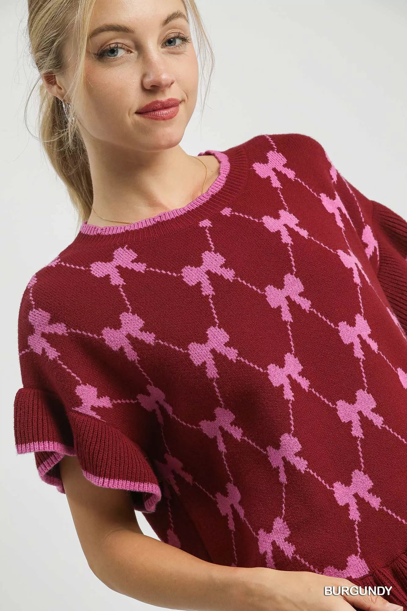Umgee Bow Knit Ruffle Sleeve Sweater Trendsi