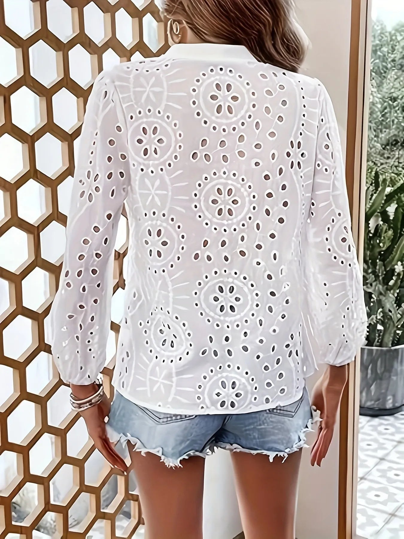 Eyelet Button Up Notched Shirt OutfitFlow