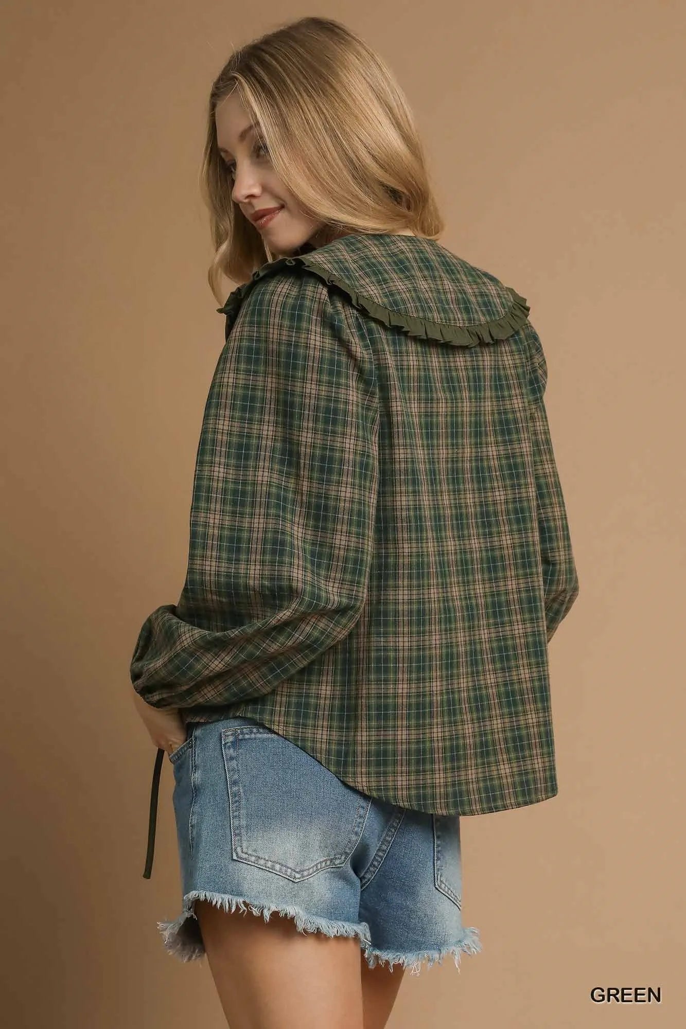 Umgee Full Size Plaid Ruffle Collar Blouse Plus Size Trendsi