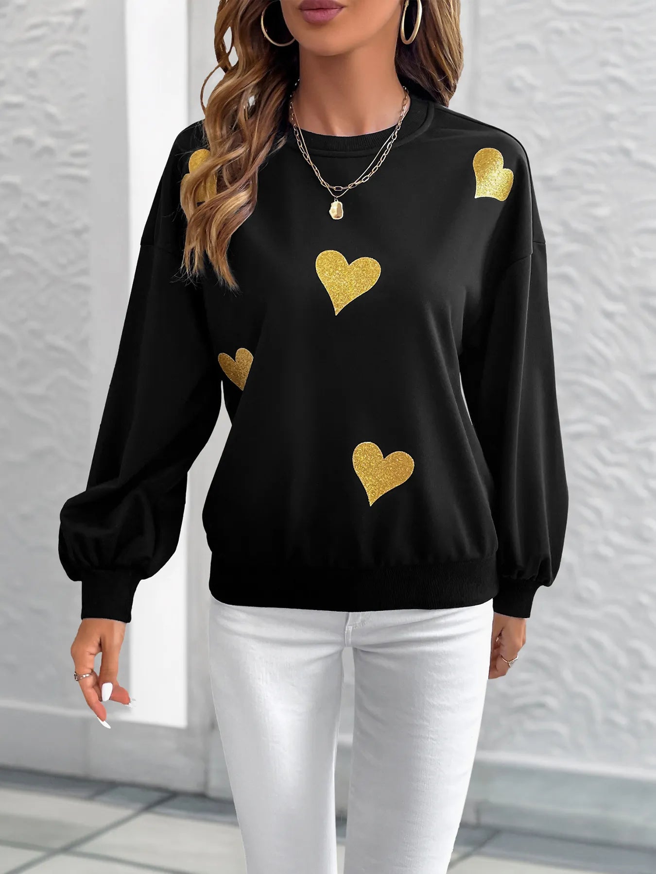 Heart Print Long Sleeve Sweatshirt OutfitFlow