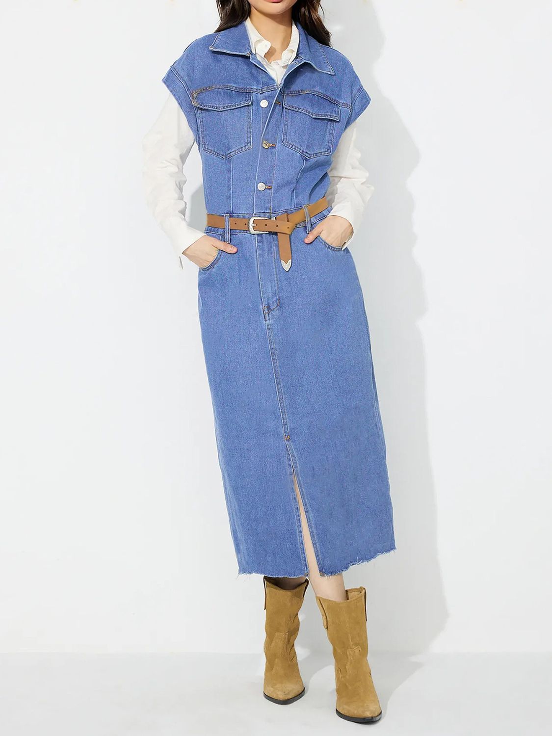 Slit Half Button Collared Neck Cap Sleeve Denim Dress Medium OutfitFlow