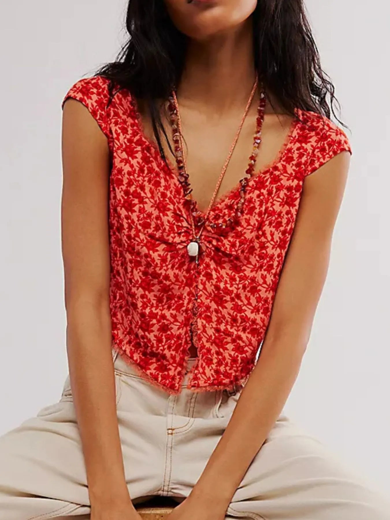 Floral Print Cap Sleeve Cropped Top OutfitFlow