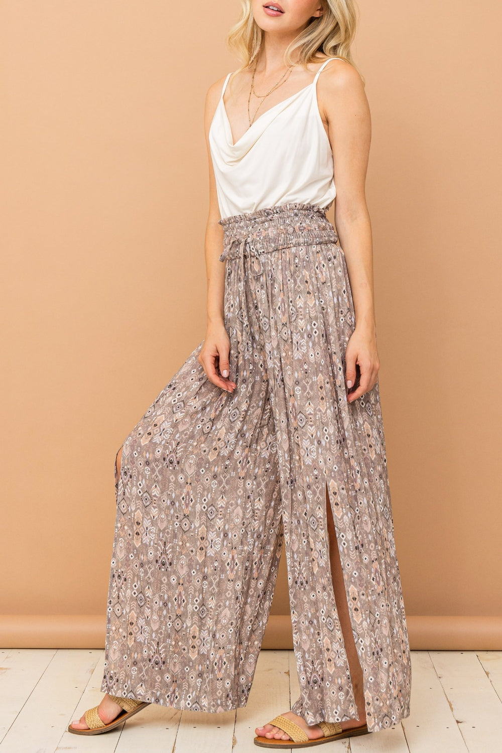 Outfit Flow - And The Why Printed Smocked Waist Slit Wide Leg Pants