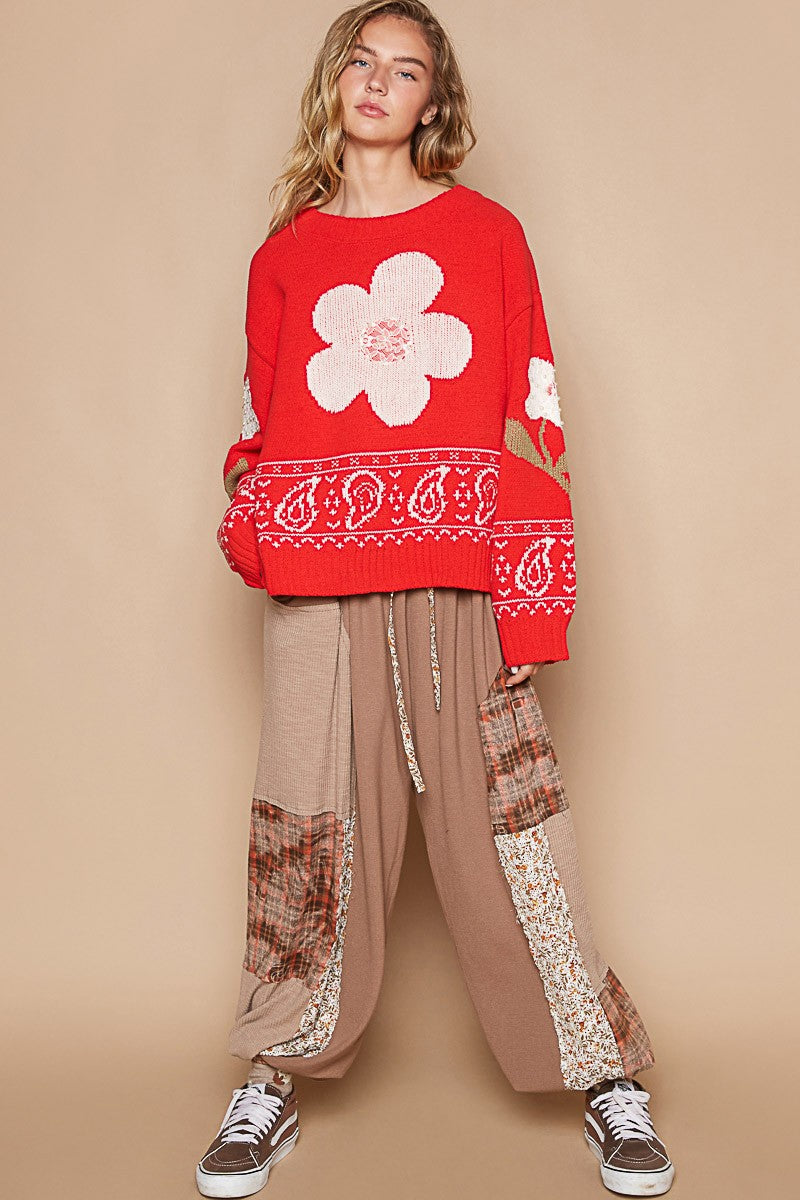 Outfit Flow - POL Flower Lace Patch Long Sleeve Sweater