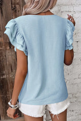 Solid Color Ruffled Short Sleeve Casual Blouse OutfitFlow