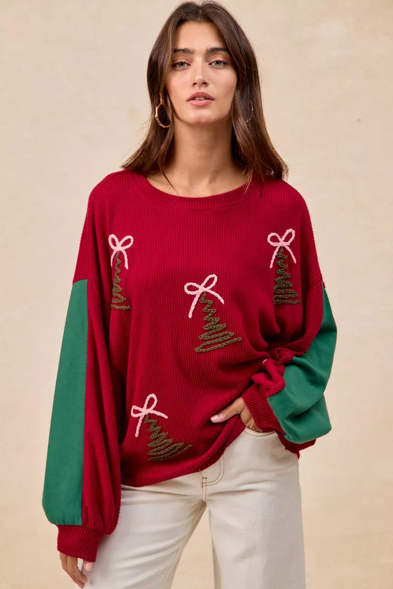 BiBi Christmas Theme Tree Embroidered Sweater OutfitFlow