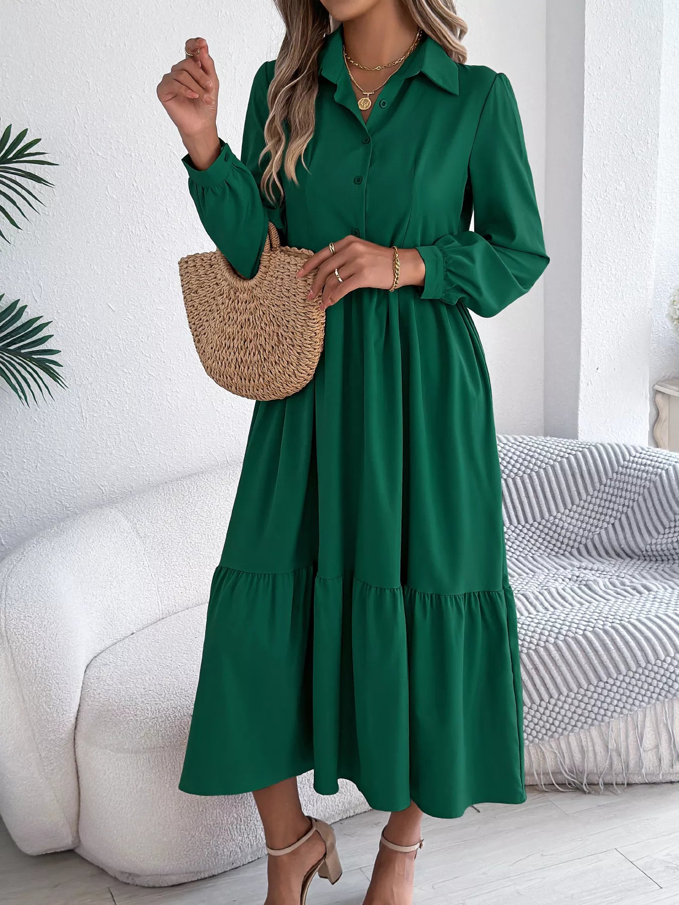 Long Sleeve Tiered Button Front Midi Dress OutfitFlow