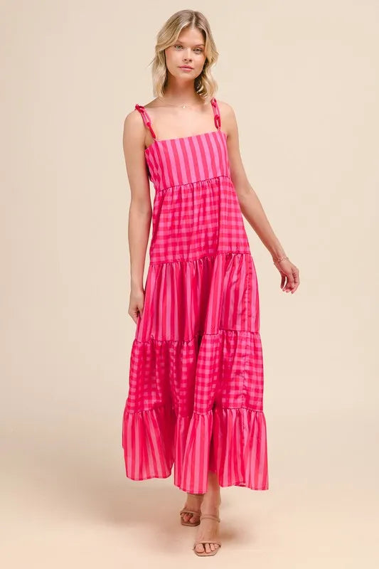 SO ME Stripe Tiered Maxi Dress with Colorful Chain Strap OutfitFlow