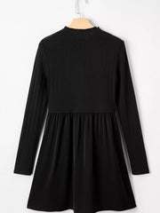Frilled Neck Ribbed Knit Patchwork Long Sleeve Mini Dress OutfitFlow