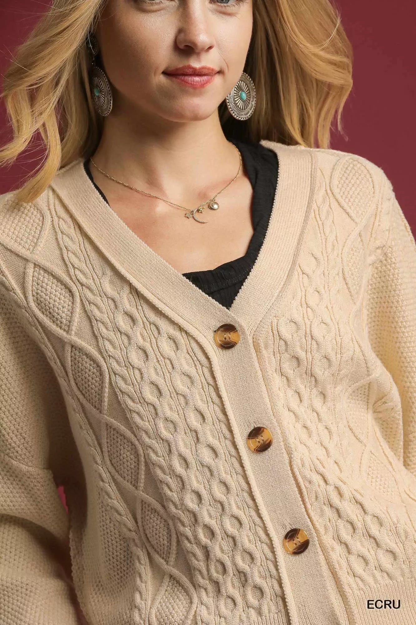 Umgee Chunky Cable Knit V-Neck Button-Up Cardigan OutfitFlow