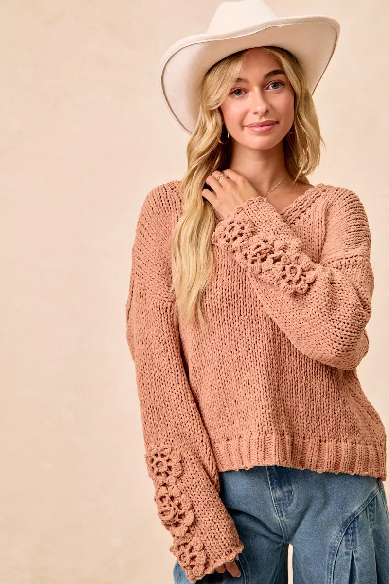 BiBi Chunky Knit Sweater with Flower Detail Sleeves OutfitFlow