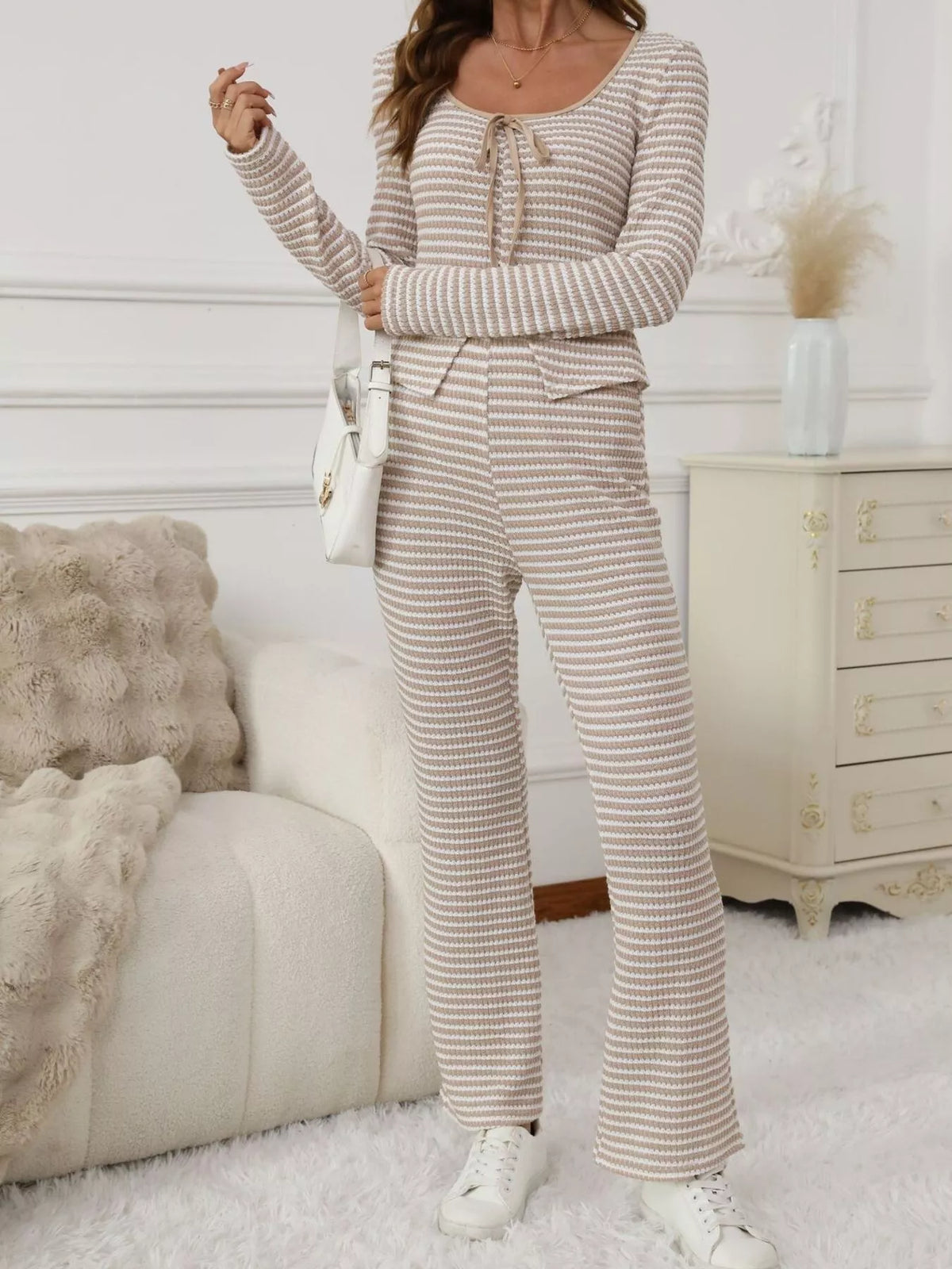 Striped Long Sleeve Top and Pants Set Apricot OutfitFlow
