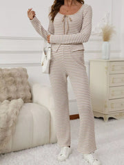 Striped Long Sleeve Top and Pants Set Apricot OutfitFlow
