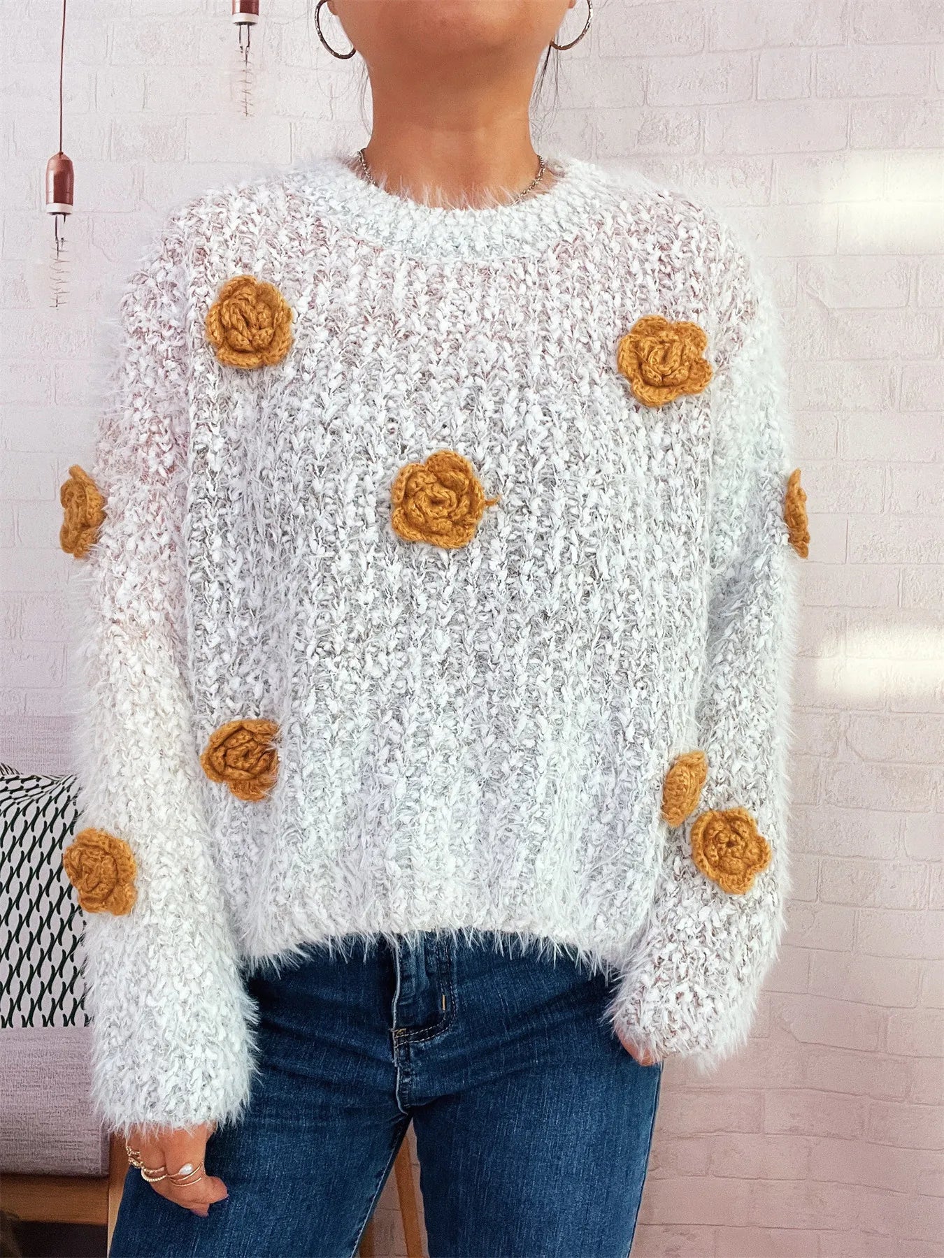 Flower Embellished Round Neck Sweater OutfitFlow