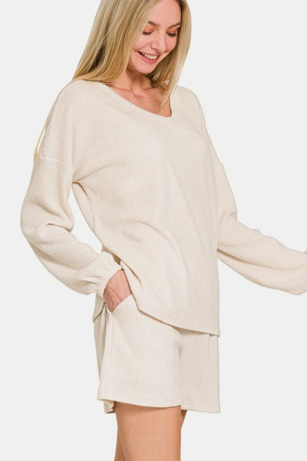 Zenana V-Neck Long Sleeve Ribbed Top and Shorts Set OutfitFlow