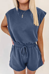 Round Neck Drawstring Waist Romper OutfitFlow