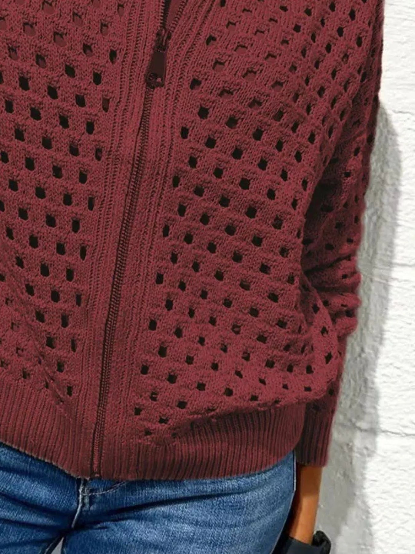 Full Size Zip Up Long Sleeve Cardigan with Eyelet Detail Plus Size OutfitFlow