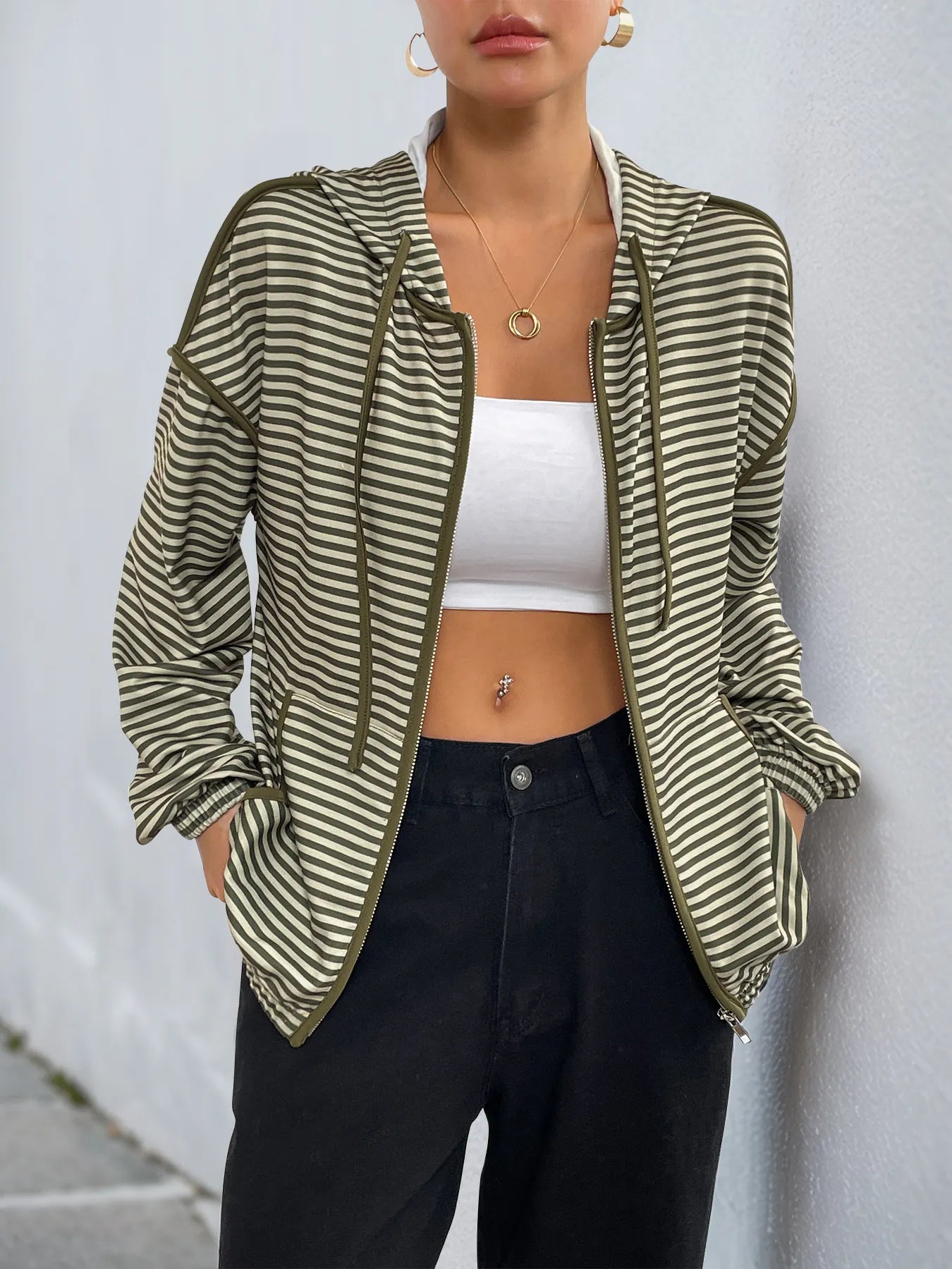 Striped Zip Up Oversized Hoodie Green OutfitFlow
