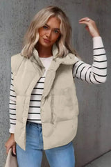 Zip Up Vest Coat with Pockets Beige Trendsi